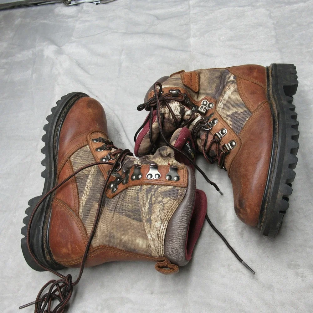 Cabelas Youth Hunting Boots 4M‎ Brown Camo Leather Insulated Outdoor Waterproof